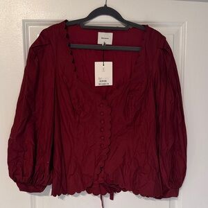 Reformation Burgundy Scalloped Button Blouse